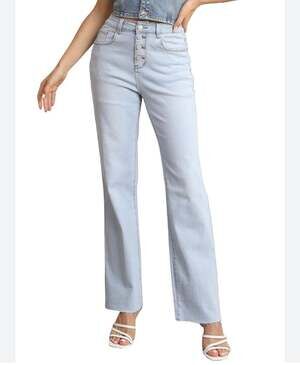 ETTELO Women's High Waisted Straight Leg Jeans - Stretchy, Buttoned, Trendy Casu